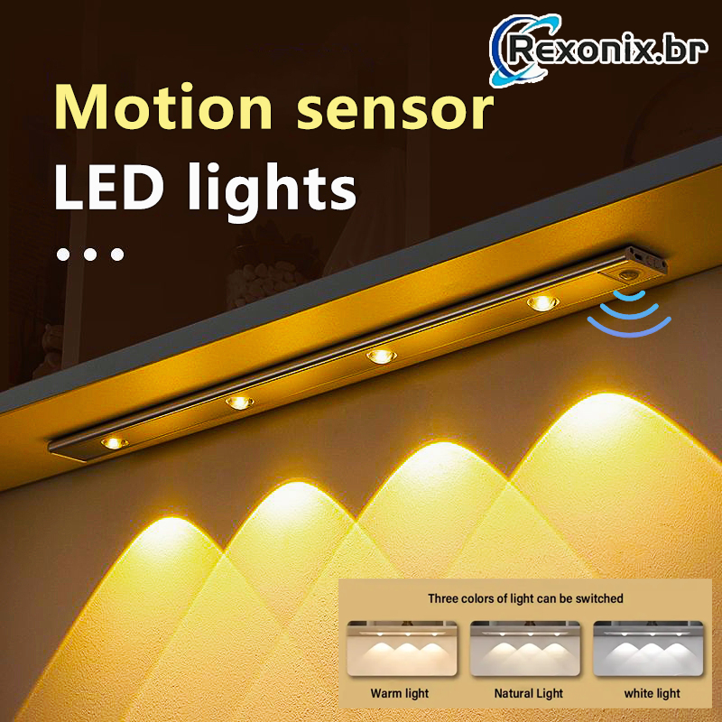 Luz LED 30/40/60cm com Sensor de Movimento Recarregável 3 Cores para Armário