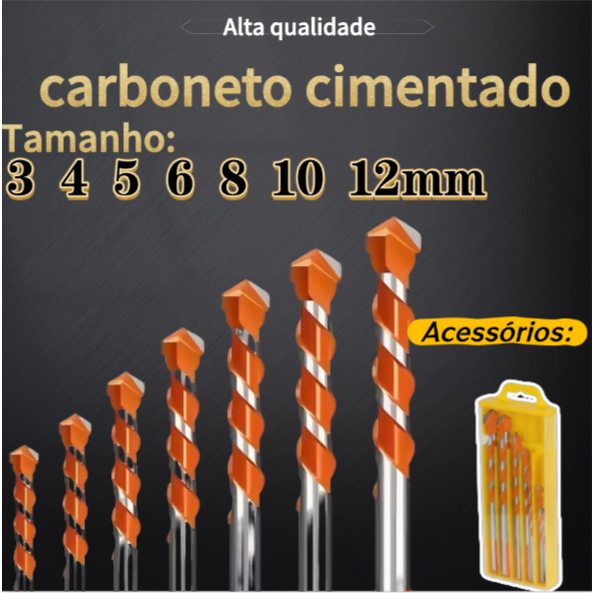Kit 7 Brocas Profissionais de Tungstênio 3-12 mm – Para Vidro, Cerâmica, Concreto e Metal