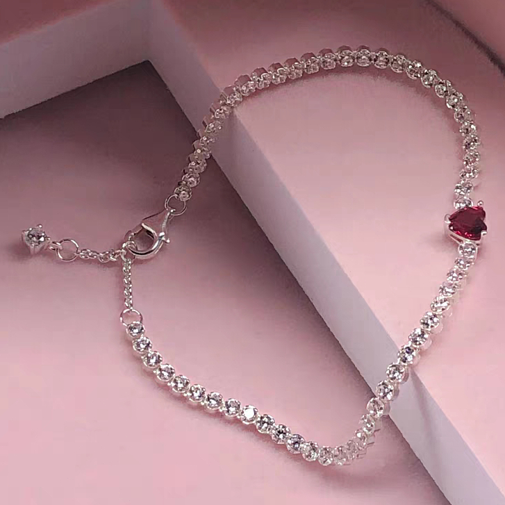Pulseira feminina requintada em prata S925 com amor vermelho|Pulseira ajustável Pavé com diamante brilhante