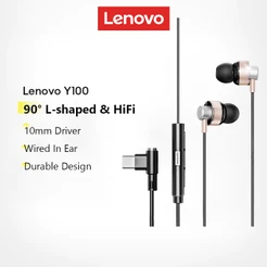 Fones De Ouvido Intra-Auriculares Com Fio Lenovo Y100 Driver De 10 Mm E Som HiFi Mais Em Forma De L 90 ° Design