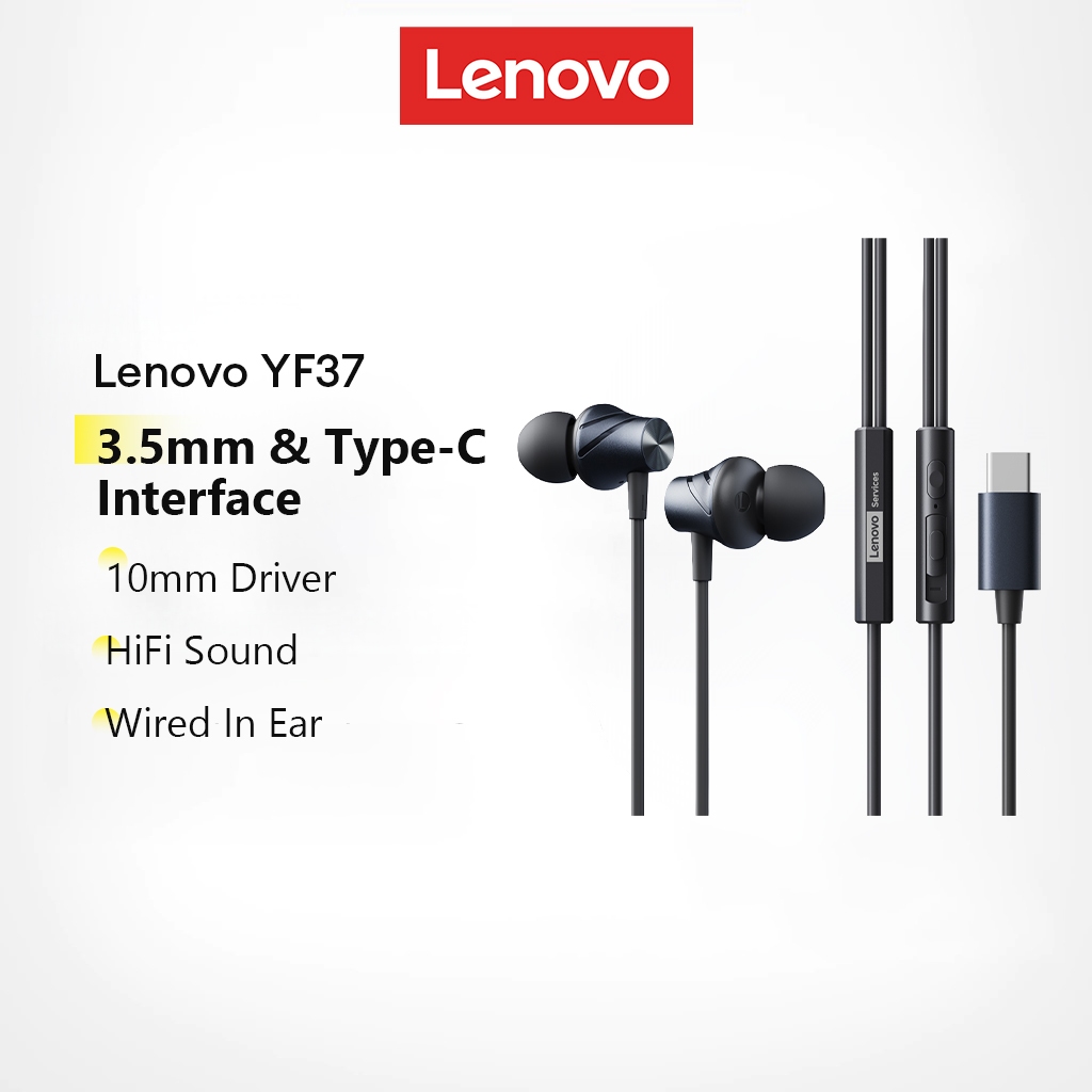 Fones De Ouvido Intra-Auriculares Com Fio Lenovo YF37 Driver De 10 Mm E Som HiFi Mais Interface Tipo C De 3.5