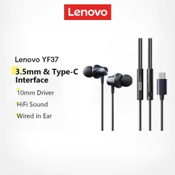 Fones De Ouvido Intra-Auriculares Com Fio Lenovo YF37 Driver De 10 Mm E Som HiFi Mais Interface Tipo C De 3.5
