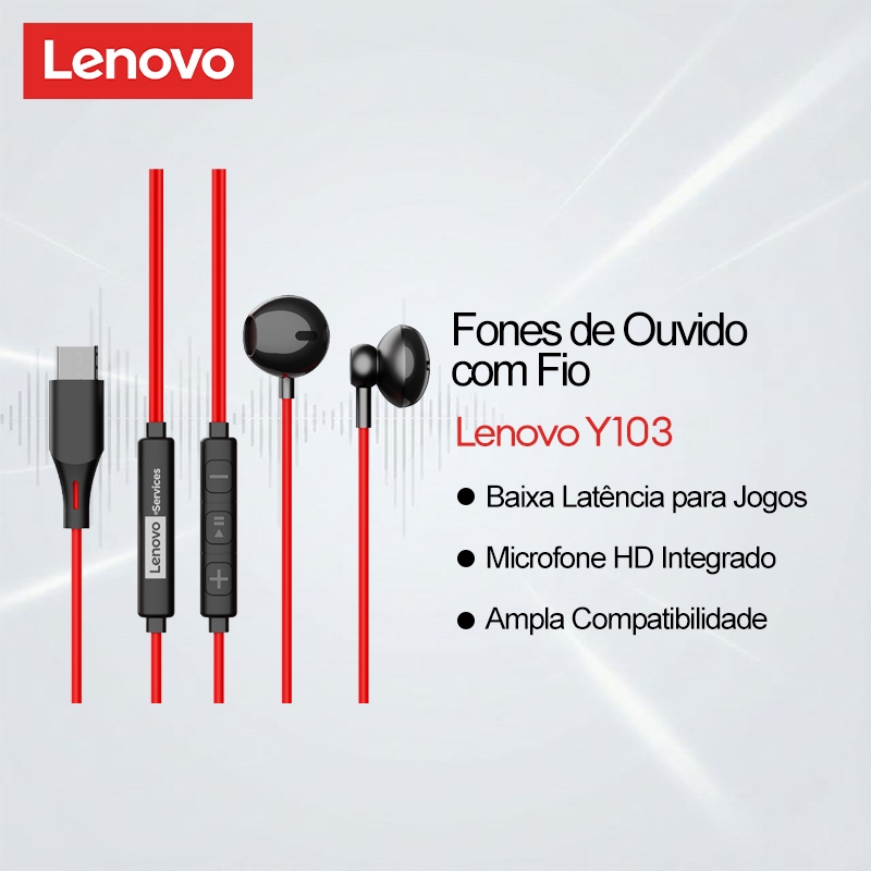 Fone de Ouvido com Fio Lenovo Y103 Intra Auricular Som Stereo HiFi Microfone HD