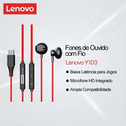 Fone de Ouvido com Fio Lenovo Y103 Intra Auricular Som Stereo HiFi Microfone HD Cabo Resistente Baixa Latência