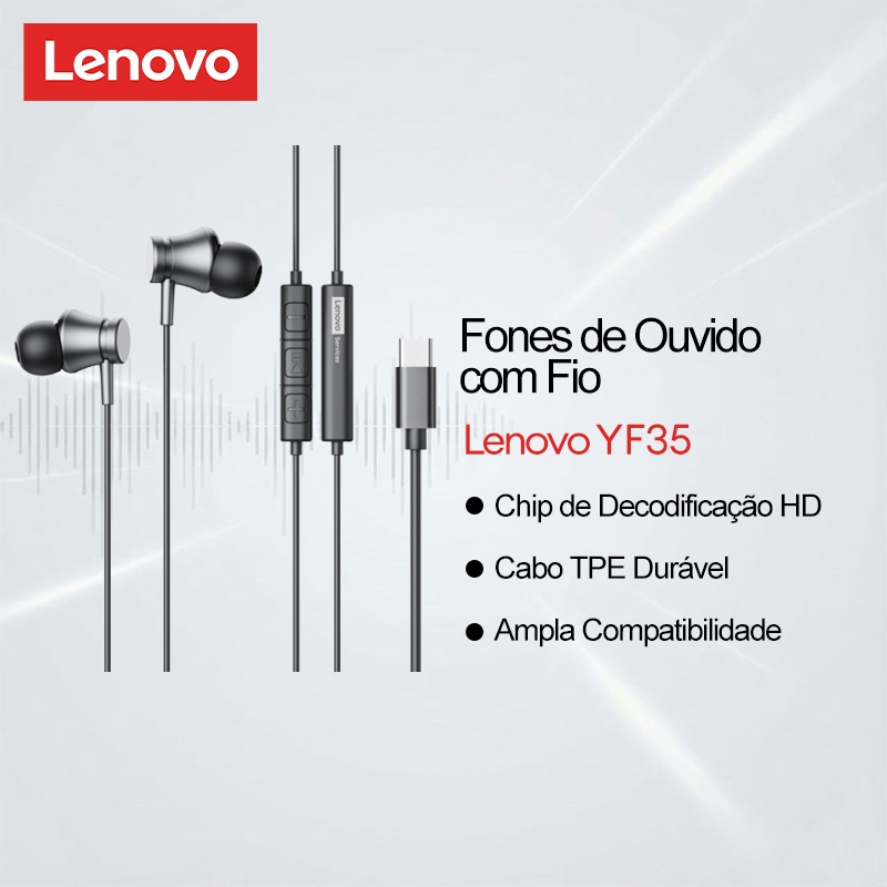 Fone de Ouvido com Fio Lenovo YF35 Intra Auricular Som HiFi Original Tipo C 3.5mm Unidade 14.2mm Graves Potentes