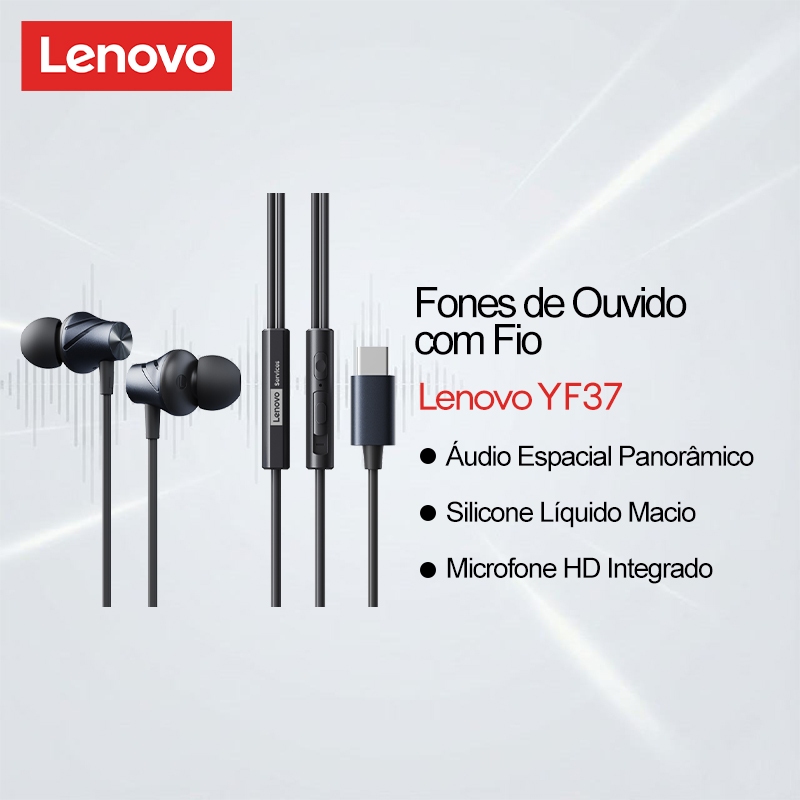 Fones De Ouvido Intra-Auriculares Com Fio Lenovo YF37 Áudio Espacial Panorâmico E Silicone Líquido Mais Microfone HD