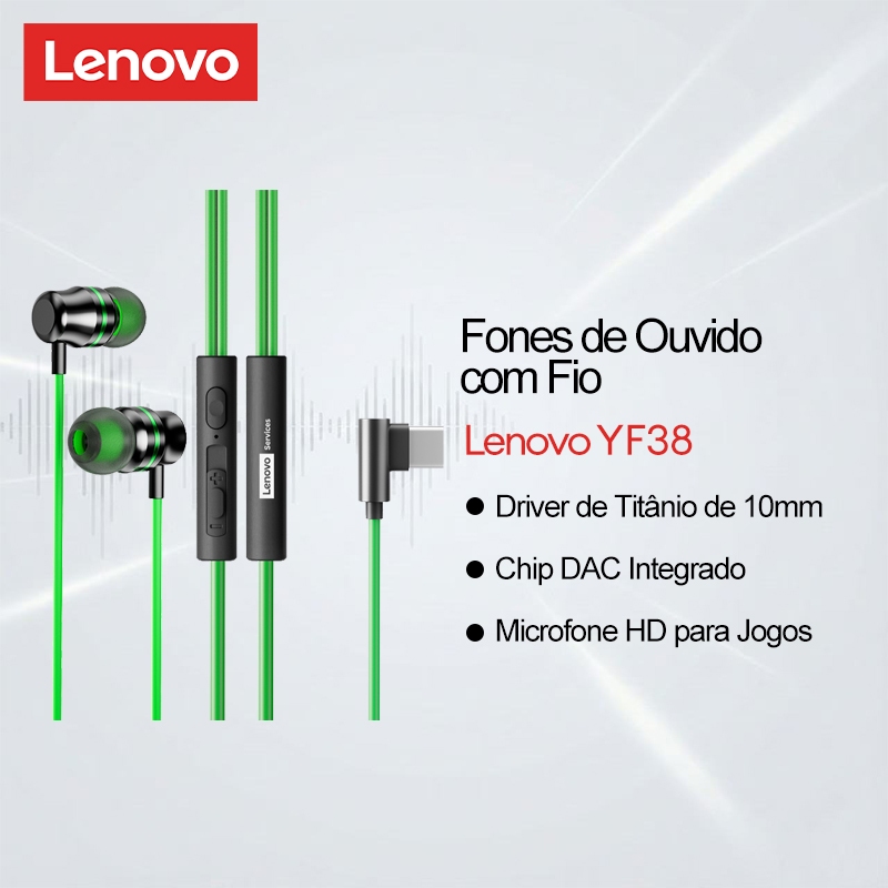 Lenovo YF38 Wired Earphones and In-Ear Gaming Headphones com Driver 10mm Chip DAC e Microfone HD em Oferta na Shopee