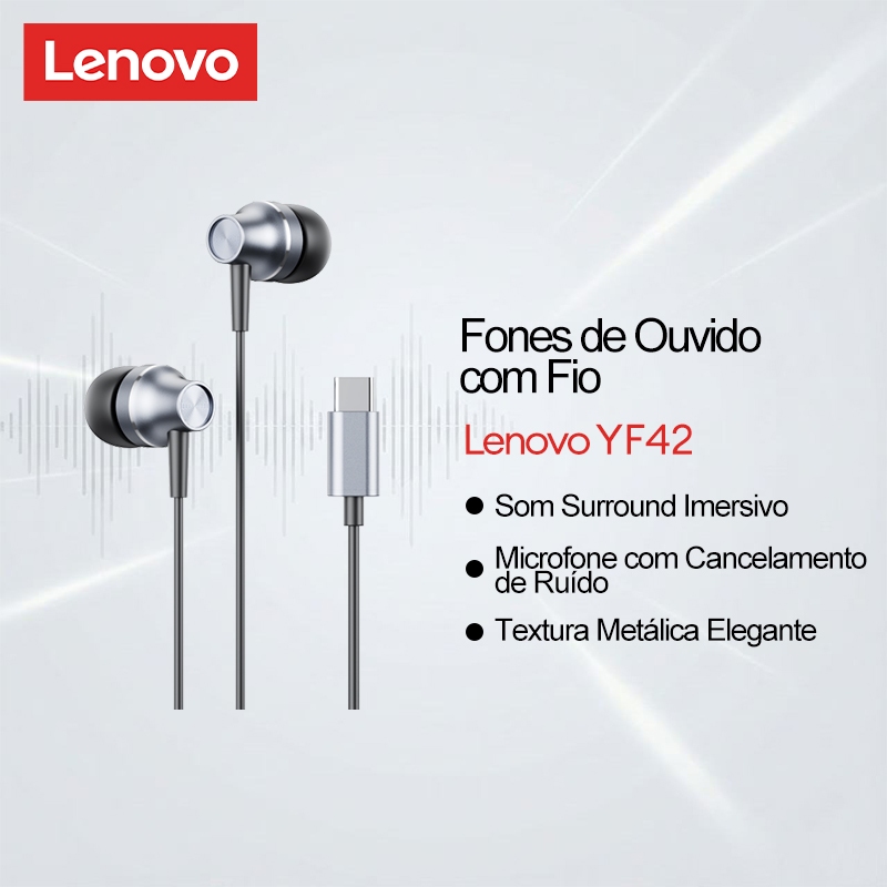 Fones De Ouvido Intra-Auriculares Com Fio Lenovo YF42 Textura Metálica E Microfo