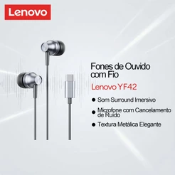 Fones De Ouvido Intra-Auriculares Com Fio Lenovo YF42 Textura Metálica E Microfone Cancelamento De Ruído Som Surround