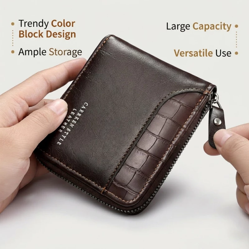Carteira Vintage De Couro PU Masculina Com Zíper Porta-Moedas Para Cartão De Grande Capacidade-Presente De Dia Dos Pais — imagem 1