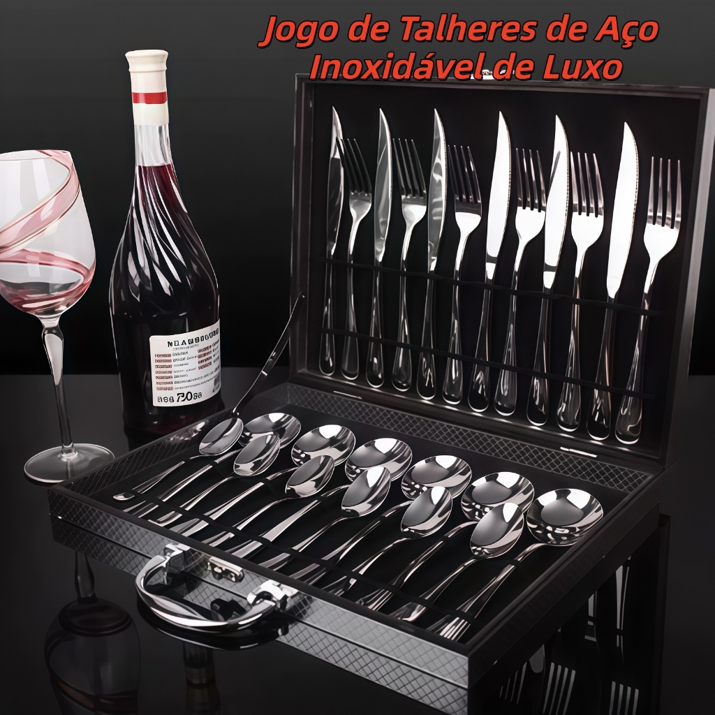 Jogo Talheres 24 Peças Faqueiro Inox Premium Luxo Com Maleta