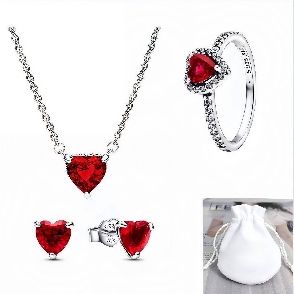 { S925 Prata Vermelho Diamante Amor Jóias Conjunto De Três Peças } Anel + Colar + Brincos | Saco De Dormir De Flanela