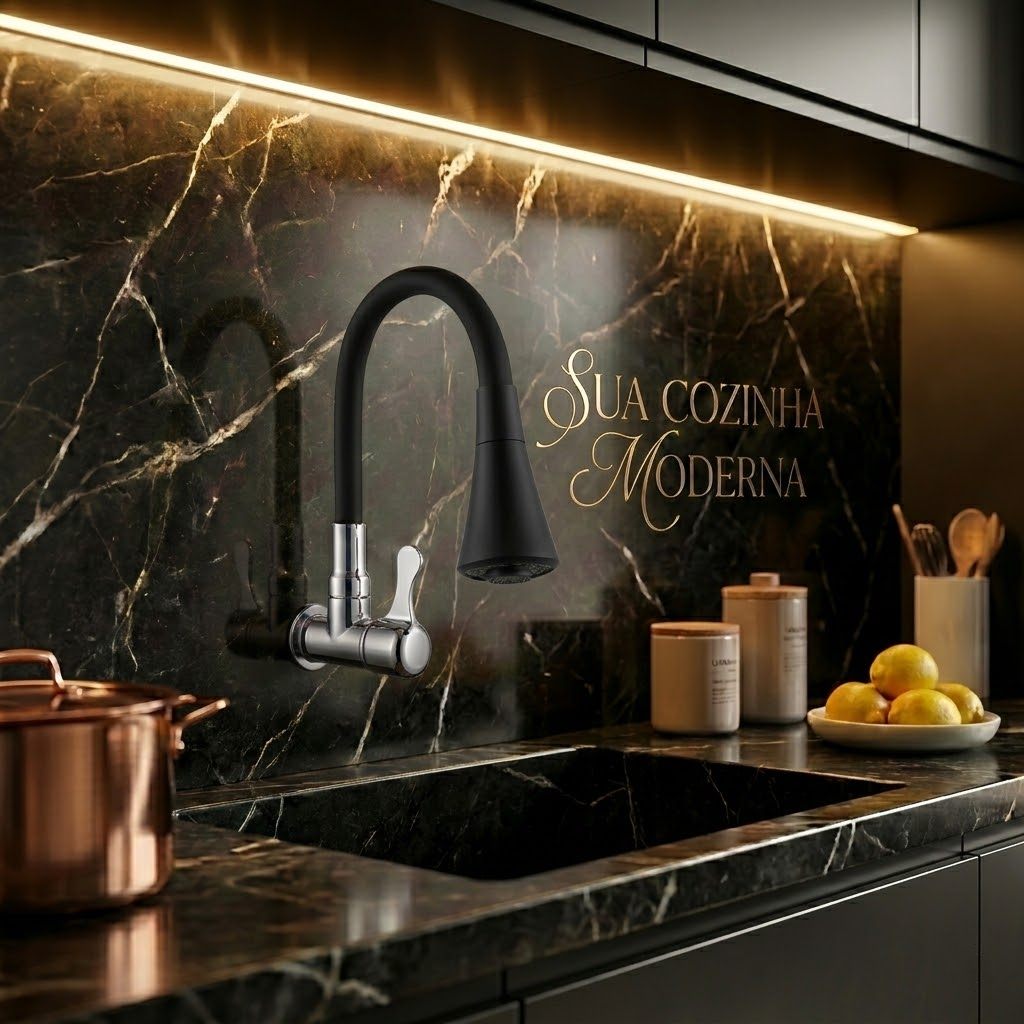 Torneira Flexível Parede Cozinha Pia Preta Cone Gourmet Luxo Bica Móvel Alta Qualidade
