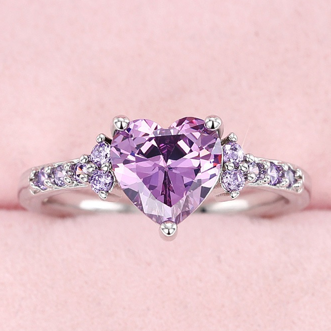 Anel feminino roxo clássico 925|Anel de pedra preciosa roxa incrustada em formato de coração branco para namorada