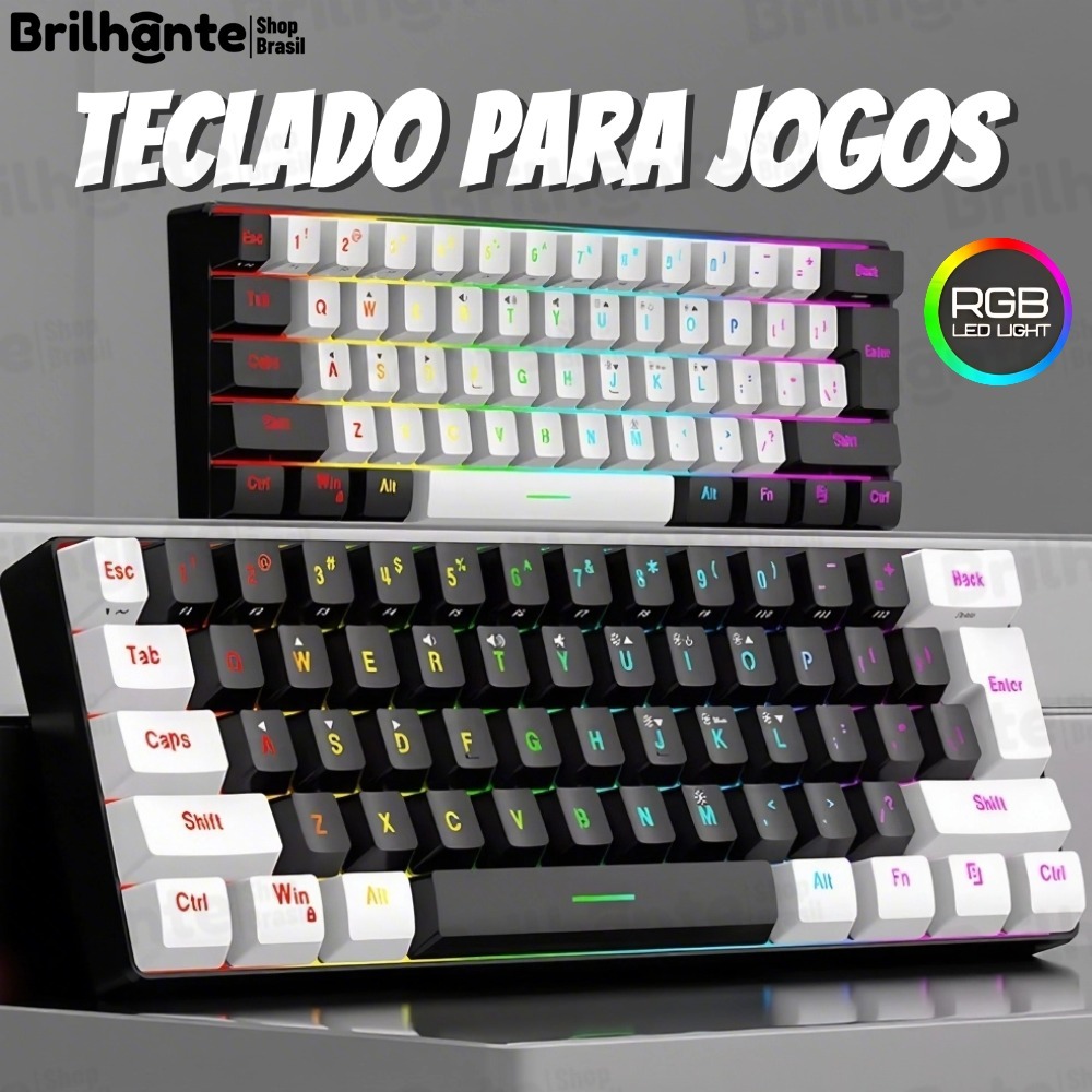 Teclado com fio 61-Key RGB Backlight Mini Compact USB-C Cabo de alimentação plugável