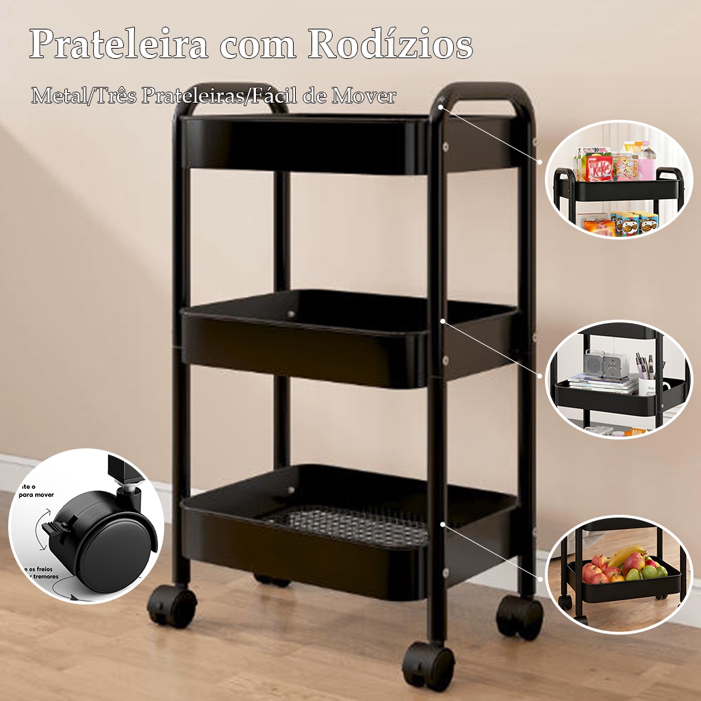 Carrinho Organizador 3 Andares em Aço Carbono I 360º Rodinhas com Freio,Design Elegante e Alta Durabilidade - Preto