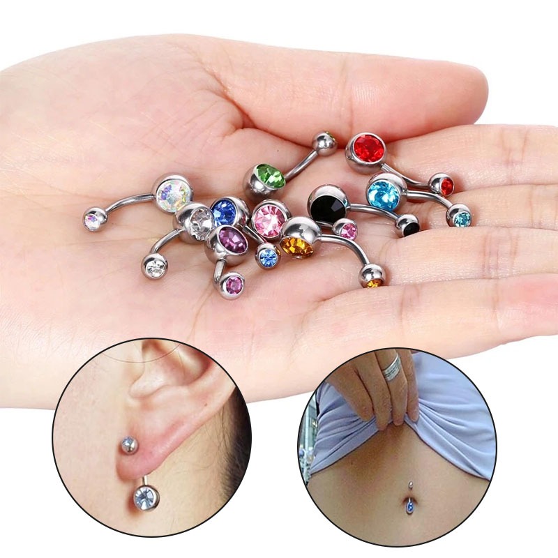 1pc Piercing De Umbigo Colorido Aço Inoxidável/Com 2 Pedras Rosca Interna Body Piercing Jóias