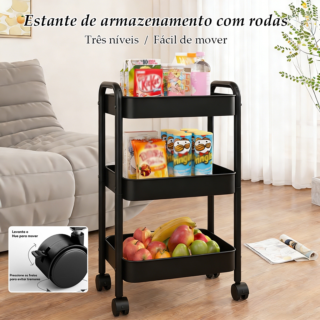 Carrinho Organizador 3 Andares em Aço Carbono I Rodinhas com Freio,Design Elegante e Alta Durabilidade Fácil De Mover