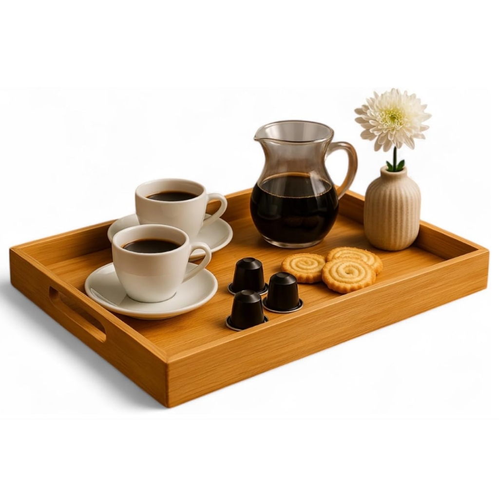 Bandeja Retangular Bambu Kit com 44x30/33x22cm Alça Reta para Servir Café Chá Petisqueira