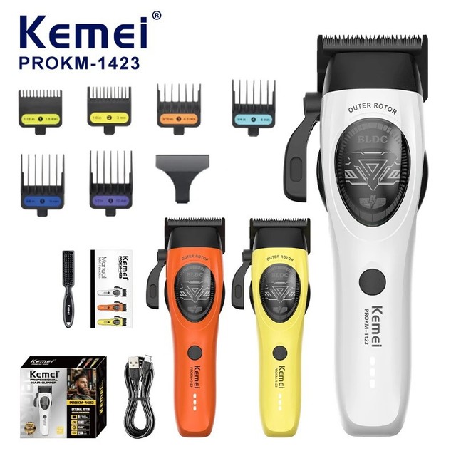 Kemei 1423 Motor Sem Escova Externo Recarregável Máquina De Cortar Cabelo Aparador Profissional 10000RPM Lâminas Espaço