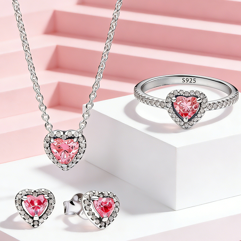 Kit 3 Peças Coração Infinito Zircônia Rosa Cravejada Brilhante S925 Prata Colar Anel Brinco Presente Luxo