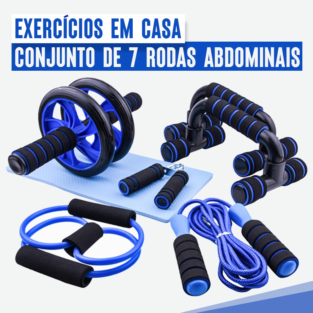 Kit Fitness 6 em 1 Roda Abdominal Flexão Corda Elástico Hand Grip Tapete Treino em Casa