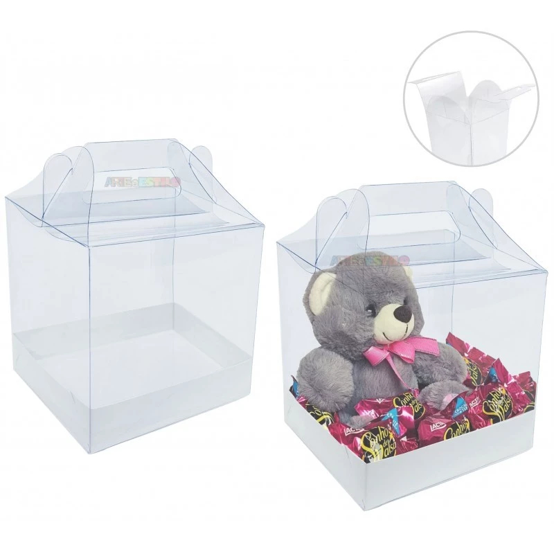 10 Caixa Maletinha 12x12x12 Transparente com Berço alça, maleta Presentes, mini bolo, panetone 250gr em Oferta na Shopee
