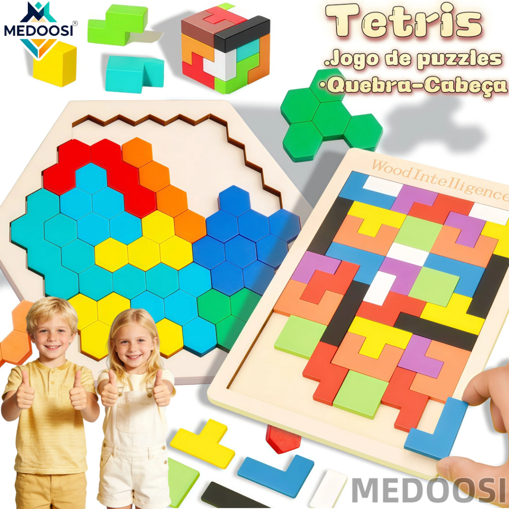 3D Quebra-Cabeças Madeira Tetris Tangram Coloridos | Arco-Íris DIY Brinquedo Educativo Infantil para  Montessori Toy