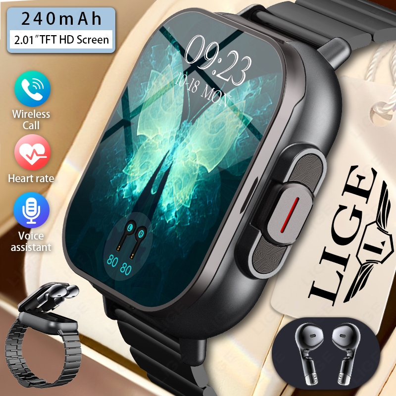 LIGE Smart Watch TWS 2 Em 1 Fone De Ouvido Bluetooth Chamada Monitoramento De Saúde Fones Tocar Música Smartwatch
