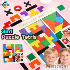 MEDOOSI Tetris 3 em 1 de Madeira | Quebra-Cabeça Brinquedo Educativo com Colorido Tangram e Jogo da Velha para Crianças