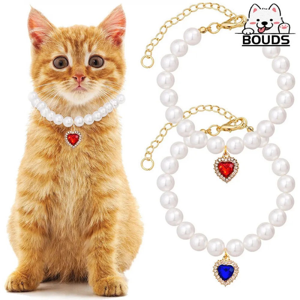 Colar de Pérolas Pet Luxo com Pingente Coração de Pedra para Gato e Cachorro, Acessório Elegante para Pets