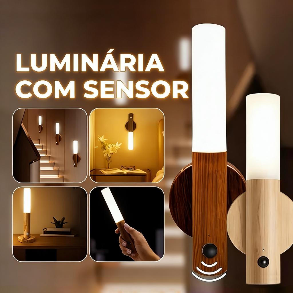 Kit 2 Luminária Portátil com Sensor de Movimento,Lâmpada LED recarregável,Luminária de parede magnética de madeira