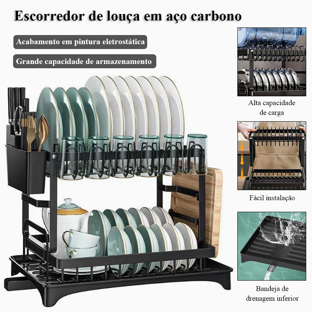 Escorredor De Louça Aço Carbono Organizador,Suporte Para Tábua De Corte,Pauzinhos E Copos 12 Pratos