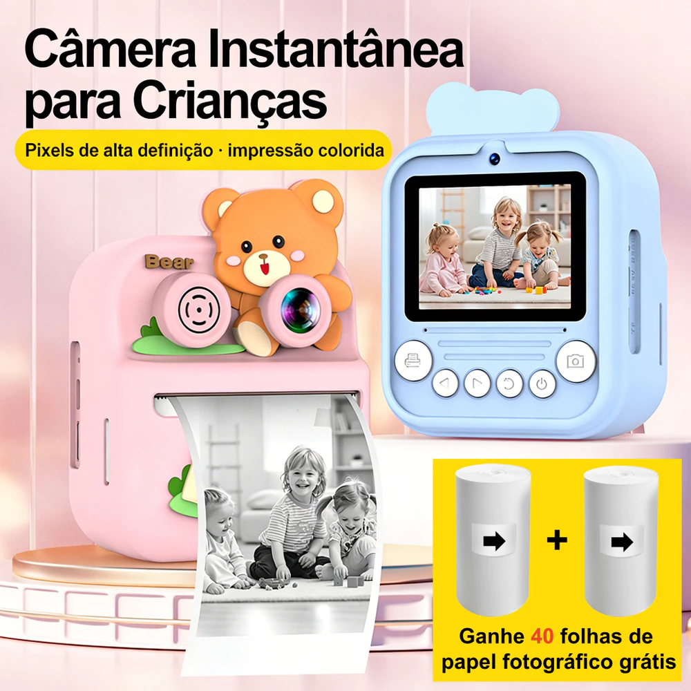 Câmera De Impressão Instantânea Para Crianças Vídeo Fotografia Digital Fotográfica Inclui Papel de Impressão de Fotos