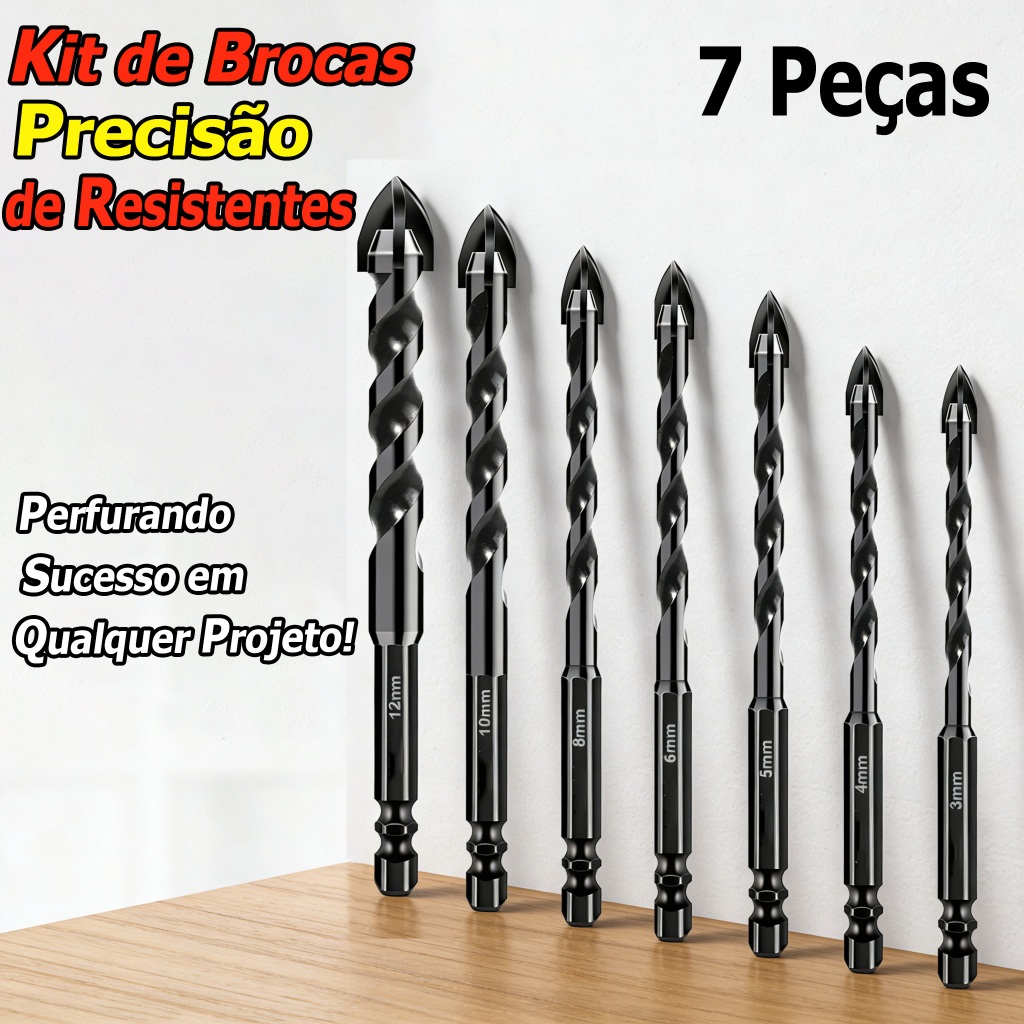 Kit 7 Brocas Triangulares Profissionais de Carboneto com Ponta de Titânio 3-12mm Para Furar Concreto Cerâmica e Vidro