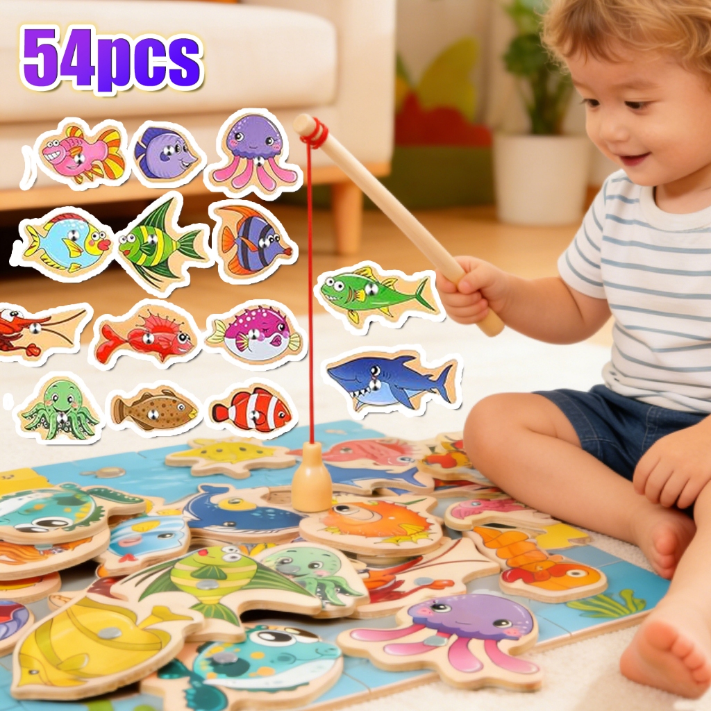 33pcs/54pcs/87pcs Brinquedos magnéticos de pesca de madeira,Jogos educacionais para crianças pescabrinquedo