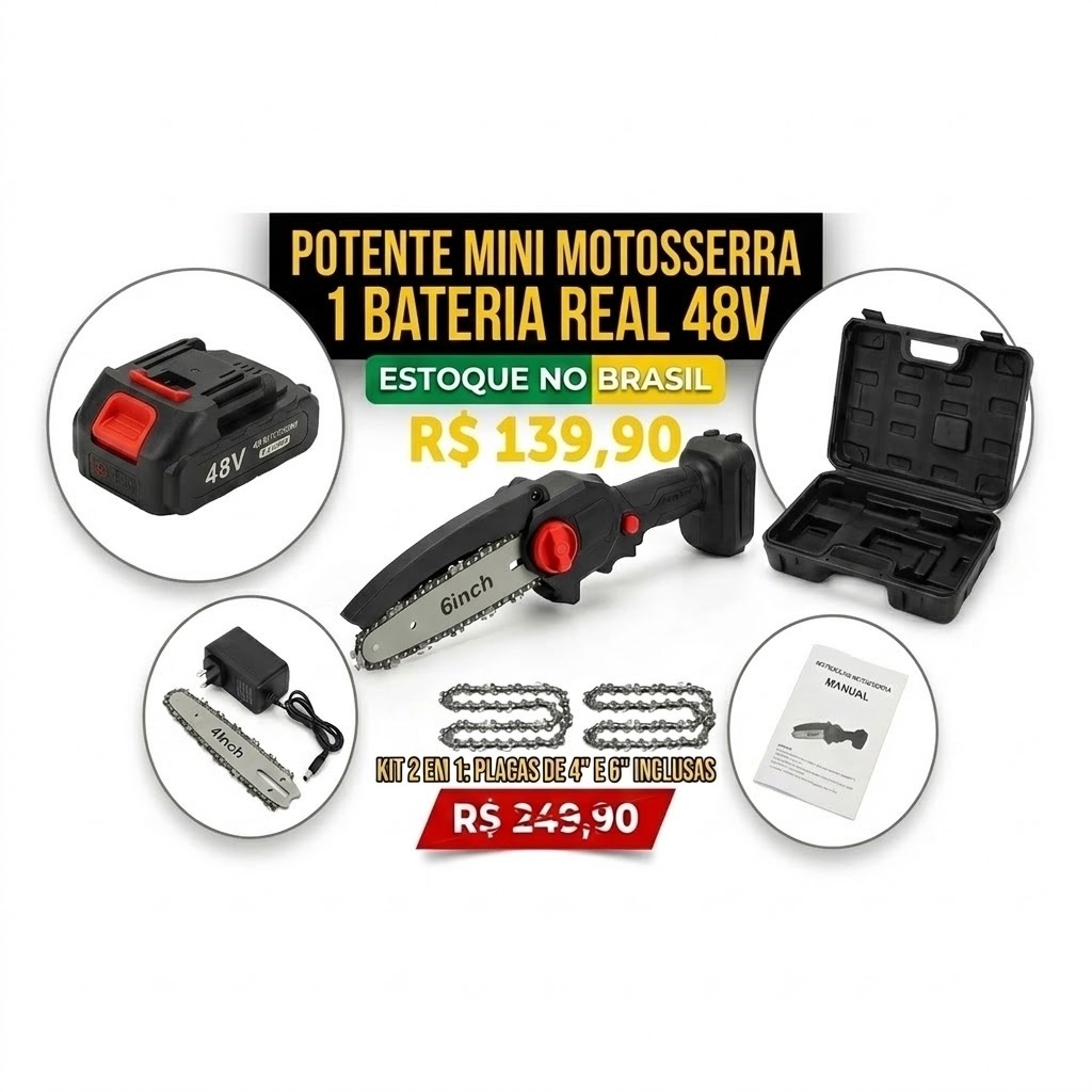 Mini Motosserra Elétrica Sem Fio 48V  + Guias 4" e 6" Poda e Corte