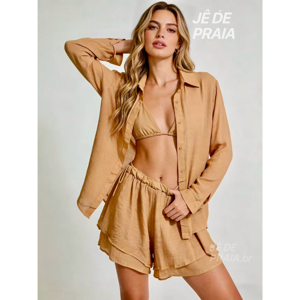 Conjunto Camisa Oversized e Shorts com Amarração Conjunto Solto e Confortável Roupa Casual Feminina Férias Lazer viagens