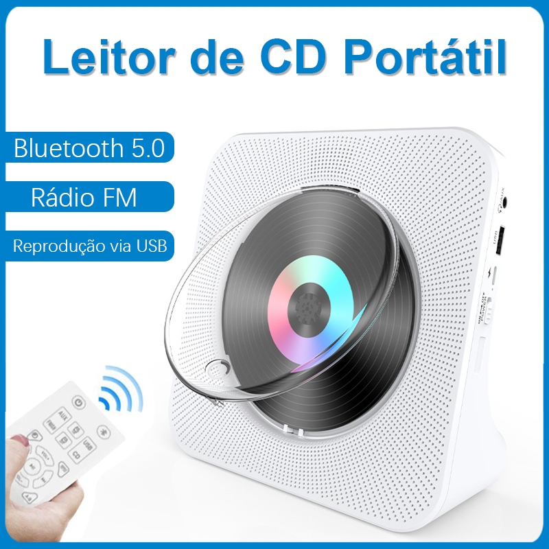 CD Player Portátil de Mesa com Bluetooth 5.0, Rádio FM, Timer, Tela LED, Leitor USB Toca CD - Para Mesa e Home Office