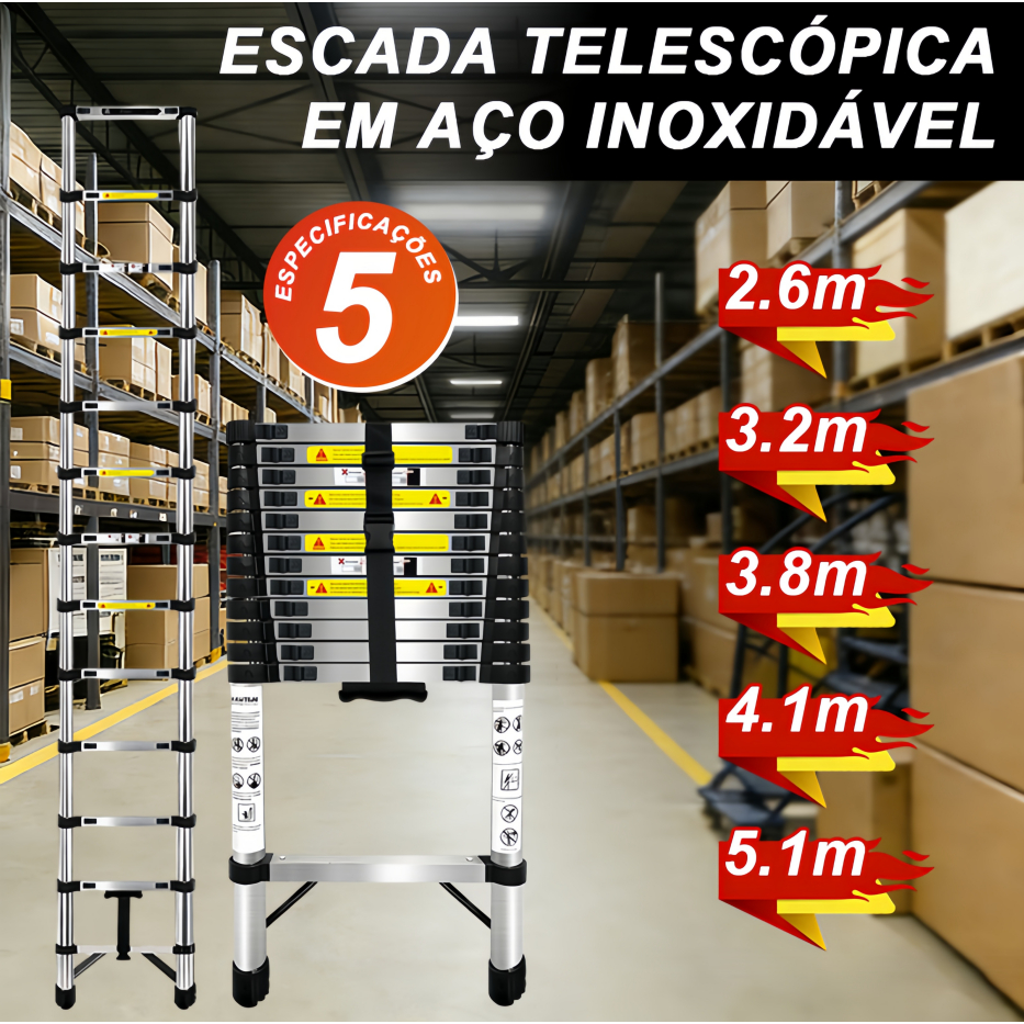 Escada retrátil multiespecificação Material de aço inoxidável 2.6m-5.1m dobrável uso comercial doméstico em Oferta na Shopee