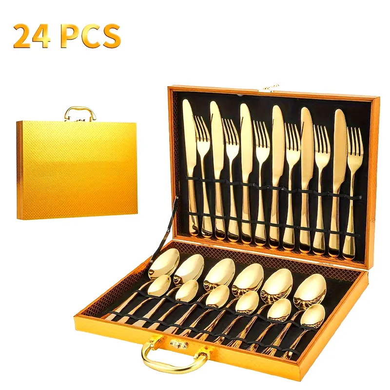 Jogo Talheres 24 Peças Faqueiro  Dourado Aço Inox Premium Luxo cozinha Com Maleta
