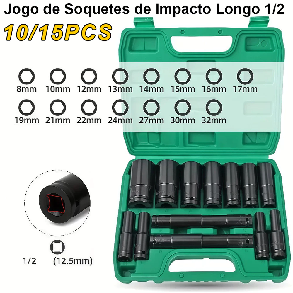 15/10 Peças Jogo de Soquetes de Impacto Longo 1/2 8 A 32mm