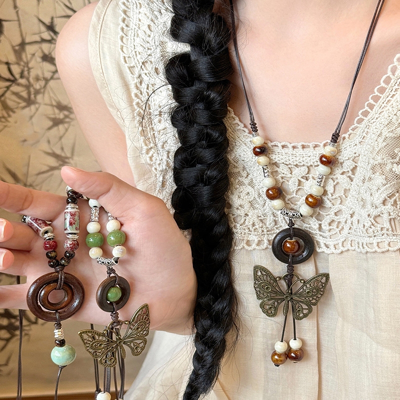 Retro Étnico Boêmio Borboleta Contas Borla Colar Feminino Estilo Férias Cordão Pescoço Acessório