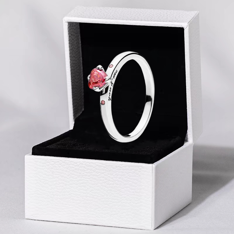 Prata 925|Anel feminino clássico, diamante vermelho em formato de coração, presente brilhante de dia dos namorados