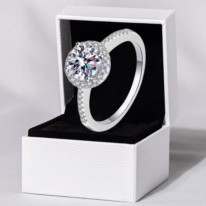 Anel feminino clássico de prata 925, anel redondo de diamante de noivado, anel de casamento brilhante Pavé