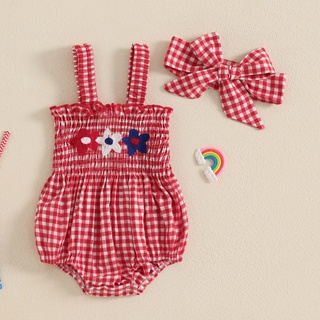 Bebê Menina Morango Roupa Xadrez Smocked Sem Mangas Macacão Te-up Bandana Bonito Verão em Oferta na Shopee