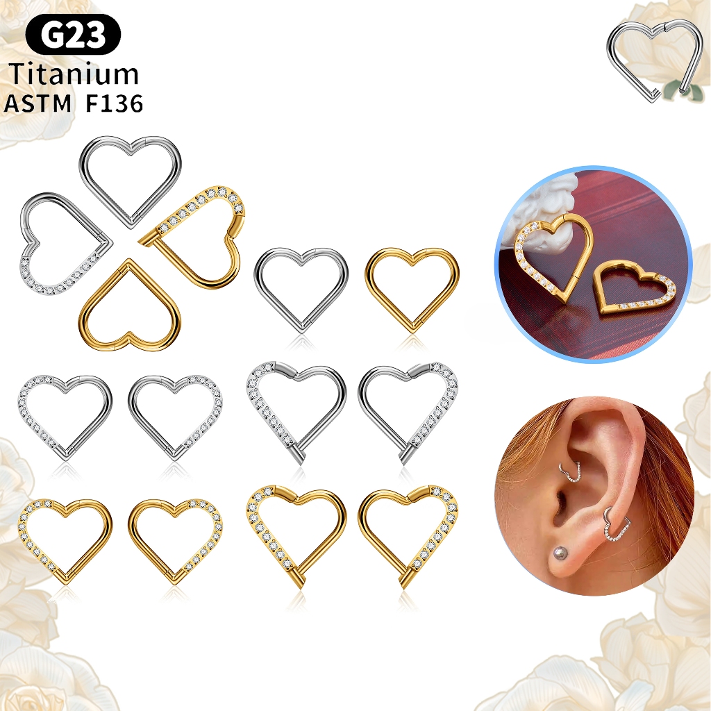 Brincos e piercing de nariz em formato de coração 100% titânio - Brincos de coração simétricos banhados a ouro