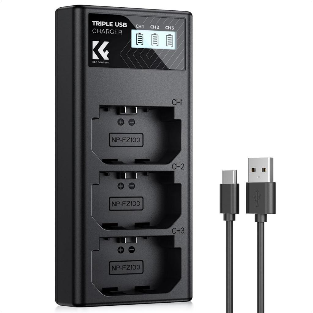 Carregador LCD De 3 Slots K & F Concept Para Sony NP-FZ100 , Compatível Com A7III/A7IV/A7RV/A6700/A9/FX3/ZV-E1