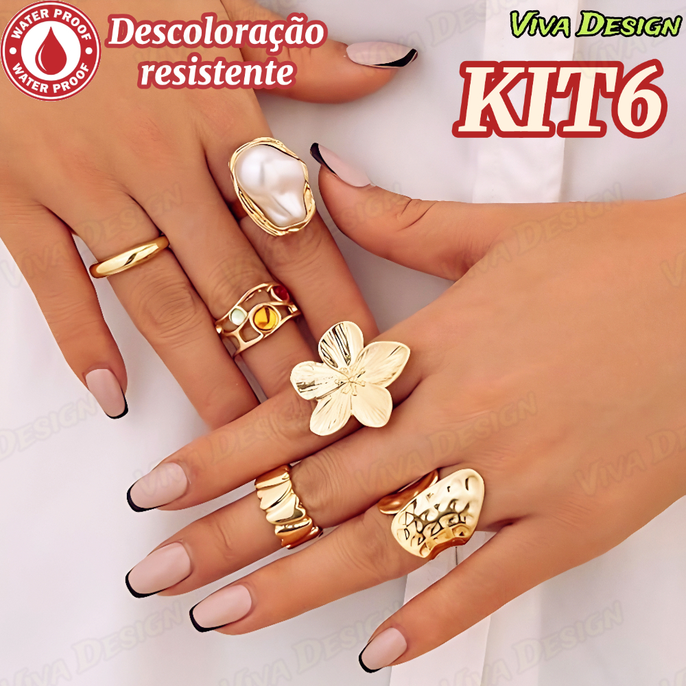 Conjunto de 6 Anéis de Flor Líquido Lava - Ajustáveis, Joias Vintage Banhadas a Ouro com Pérola Presente para Mulheres em Oferta na Shopee