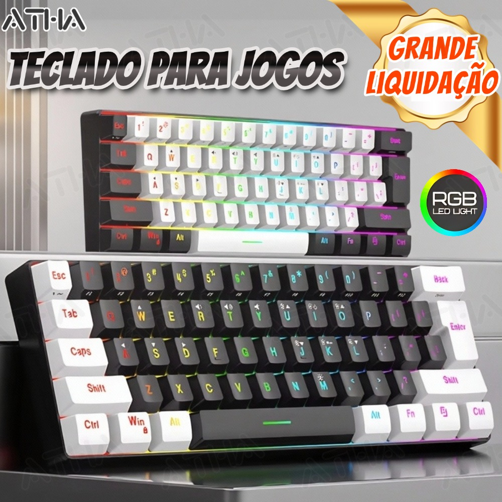 Teclado para jogos com fio 61-Key RGB Backlight Mini Compact USB-C Cabo de alimentação plugável - ATHA